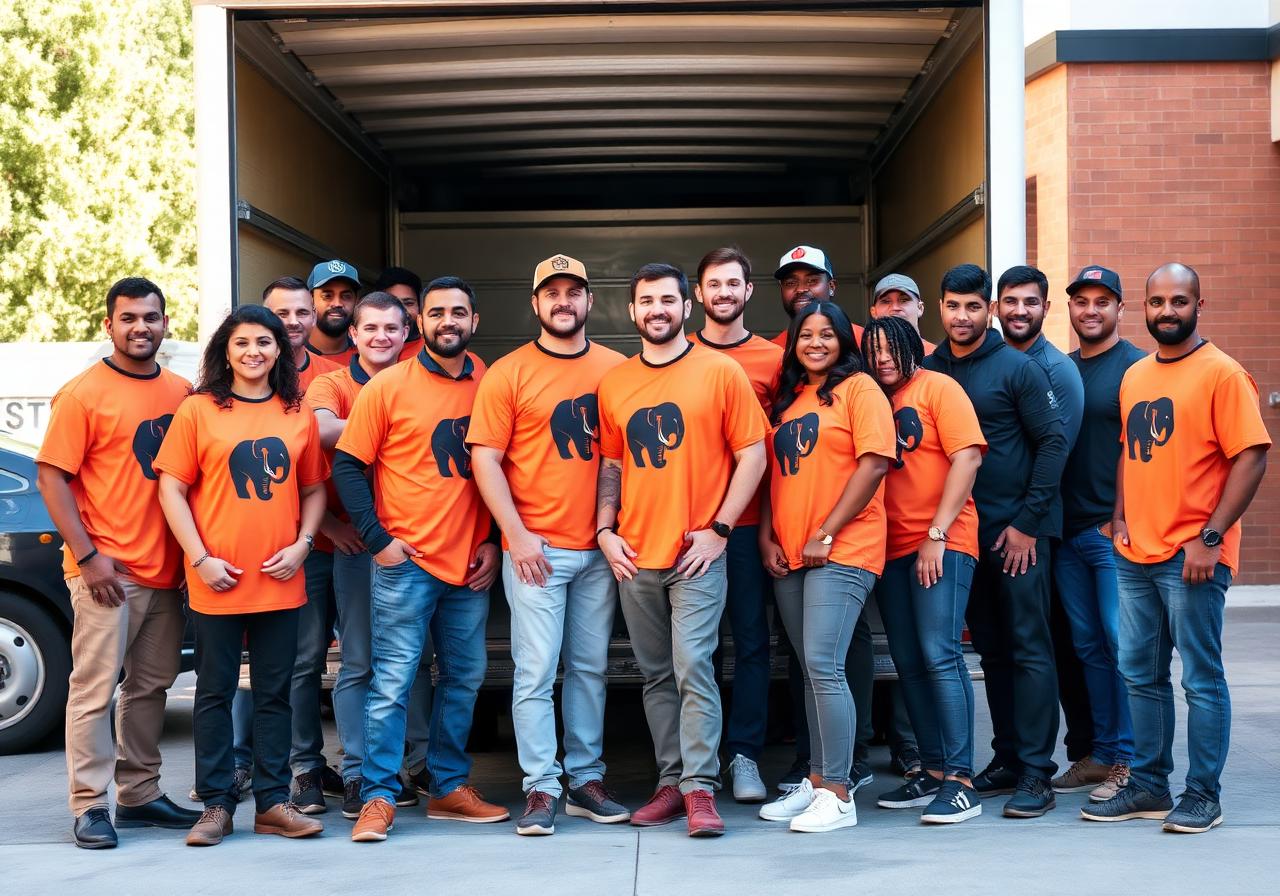 Elephant Moving crew in branded orange and charcoal shirts in front of a moving truck